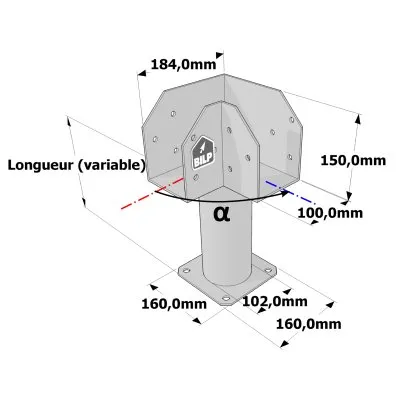 Poteau structurel OSP - D102mm - Platine haute en L 100x184x150mm - Embase en angle 160x160mm - Réf. SP1-SP7Ø102_100x184
