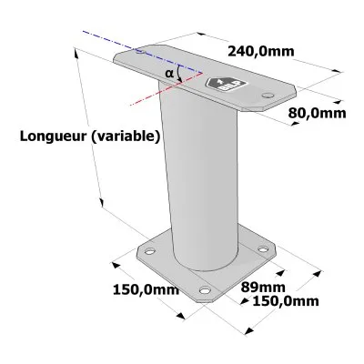 Poteau structurel OSP - D89mm - Platine haute rectangulaire 80x240mm - Embase 150x150mm - Réf. SP1-SP5Ø89_80x240