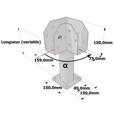 Poteau structurel OSP - D89mm - Platine haute en L 75x159x150mm - Embase 150x150mm - Réf. SP1-SP7Ø89_75x159