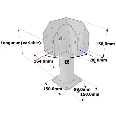 Poteau structurel OSP - D89mm - Platine haute en L 80x164x150mm - Embase 150x150mm - Réf. SP1-SP7Ø89_80x164