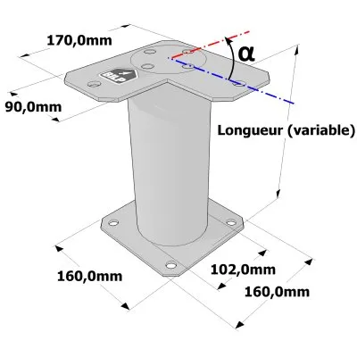 Poteau structurel OSP - D102mm - Platine haute en angle 90x170mm - Embase 160x160mm - Réf. SP1-SP4Ø102_90x170