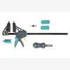 Kit de pose de terrasse bois, outils de fixation, pince, accessoires de montage, vis et gabarits, matériel pour installation de terrasses en bois.